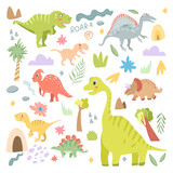 Fototapeta Pokój dzieciecy - Set of cute carnivorous and herbivorous dinosaurs isolated on white background. Vector illustration in cartoon style for kids