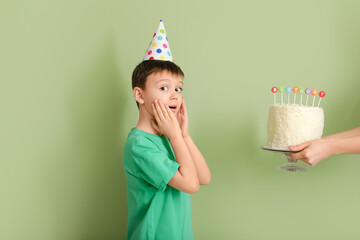 Poster - Cute little boy celebrating Birthday on color background