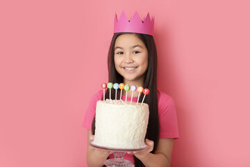 Sticker - Cute little girl with Birthday cake on color background