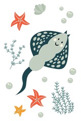 Wall Mural - Postcard with cute hand drawn stingray, starfish and corals. White background, isolate. Vector illustration.