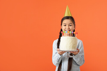 Sticker - Cute little girl with Birthday cake on color background