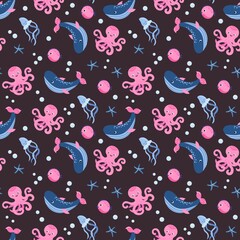 Wall Mural - Seamless pattern with octopus, whales and jellyfish. Hand-drawn style. Design for decorating a nursery.