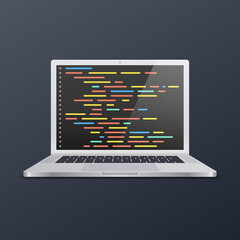 Wall Mural - Realistic white laptop with code on screen. Concept for web developer, design, programming. Vector illustration.