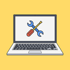 Wall Mural - Laptop with wrench and screwdriver on screen. Computer repair service, maintenance, technical support. Vector.