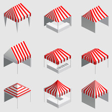 Set Isometric Market Stall, Tent. Street Awning Canopy Kiosk, Counter, White Red Strings For Fair, Street Food, Market, Grocery Goods. Vector Isolated