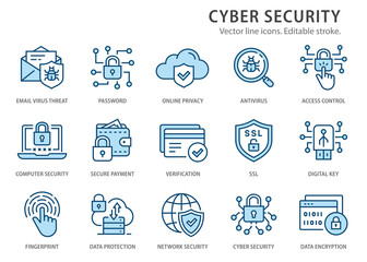 Sticker - Cyber security line icons set. Vector illustration. Editable stroke.