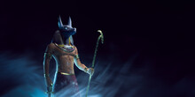 3D Rendering, Illustration Of A Stone Statue Of  Anubis, The Egyptian God Of Death In A Smoky Dark Background