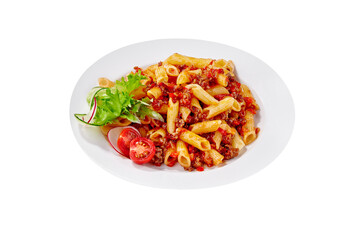 Penne pasta with bolognese sauce isolated on white background