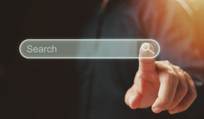 Aufkleber - Searching browsing internet data information networking concept, Businessman clicking internet search page on computer touch screen, copy space.