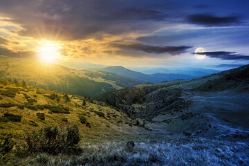 Wall Mural - day and night time change concept above carpathian mountain landscape. beatiful scenery with green r