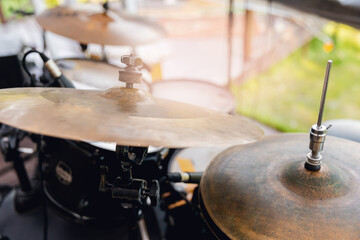 Concept of street musicians performing at concert, musical cymbals and drums