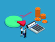 Commission isometric vector concept. Business people handshaking and getting deal to share commission pie chart portion