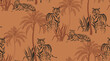 Tiger in palms seamless pattern design, tropical jungle animal fashion print , wild nature