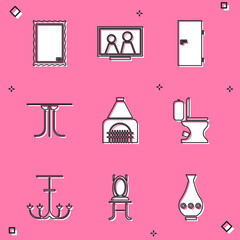 Sticker - Set Picture, frame on table, Closed door, Round, Interior fireplace, Toilet bowl, Chandelier and Chair icon. Vector