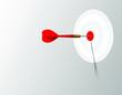 Red dart hit to center of dartboard. Arrow on bullseye in target. Business success, investment goal, marketing challenge, financial strategy, purpose achievement, focus ideas concept. 3d vector