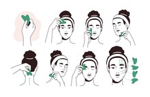 Guide For Face Lifting Massage With Facial Tool. Instruction Of Beauty Procedure With Jade Stone Gua Sha. Woman Massaging And Scraping Her Skin. Flat Vector Illustration Isolated On White Background