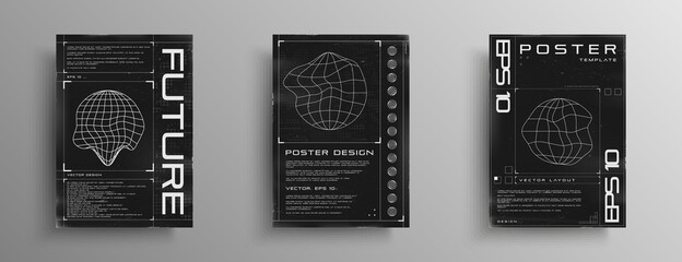 Poster - Set of retrofuturistic posters with HUD elements, broken laser grid, and wireframe liquid distorted planet. Black and white retro cyberpunk style poster cover design. Vector