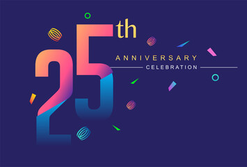 25th anniversary celebration with colorful design, modern style with ribbon and colorful confetti isolated on dark background, for birthday celebration.