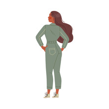 Brunette Freckled Woman In Overall In Standing Pose Vector Illustration