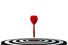 Red Dart Hit To Center Of Dartboard. Arrow On Bullseye In Target. Business Success, Investment Goals, Marketing Challenge, Financial Strategy, Purpose Achievement, Focus Ideas Concept. 3d Vector