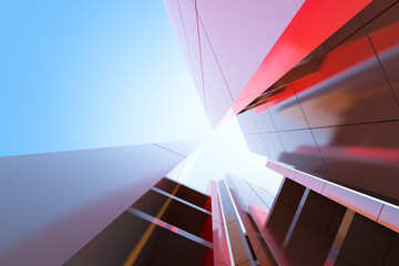 Aufkleber - Low angle view of futuristic modern architecture, Skyscraper of corporate office building, 3D rendering.