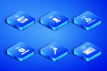 Poster - Set Smart radio, coffee machine, Wireless microphone, sensor, flasher siren and antenna icon. Vector