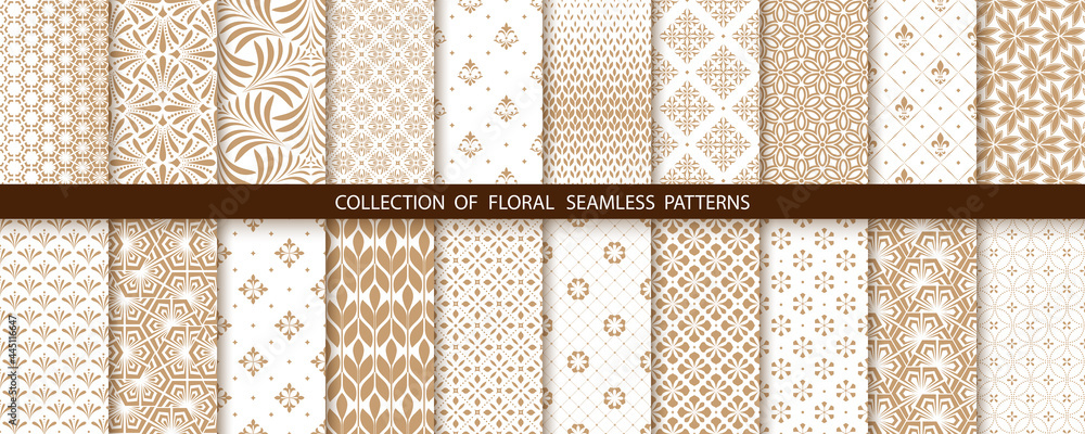 Geometric floral set of seamless patterns. Gold and white vector ...