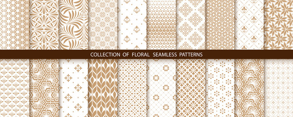 Geometric floral set of seamless patterns. Gold and white vector backgrounds. Simple illustrations