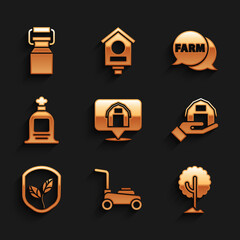 set location farm house, lawn mower, tree, farm in hand, shield with leaf, full sack, speech bubble 
