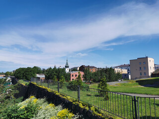 View from the observation deck of the Hermitage - Vyborg Exhibition Center on the houses and the Tower of the Town Hall of the city of Vyborg.