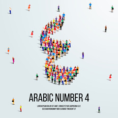 Wall Mural - large group of people form to create the number 4 or Four in Arabic. People font or Number. Vector illustration of Arabic number 4.