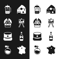 Sticker - Set Easel or painting art boards, Gargoyle on pedestal, French press, Cheese, Kepi, Bottles of wine, Map France and Perfume icon. Vector