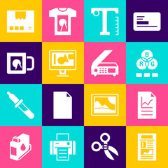 Sticker - Set News, Document with graph chart, RGB color mixing, Text, Computer monitor screen, Coffee cup, Carton cardboard box and Scanner icon. Vector