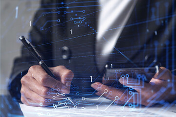 Businesswoman is signing the contract to create fin-tech start up for the conference and gain investments for innovative service. Checking the details at smartphone. Hologram tech graphs.