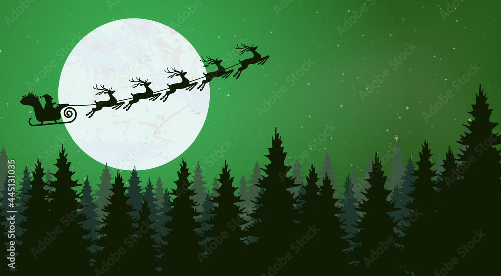 Santa Claus with reindeer fly high - obrazy, fototapety, plakaty 