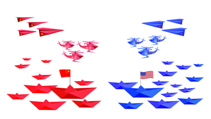 Wall Mural - PAPER ARMY WITH FLAG, NAVY, PLANE , HELICOPTER