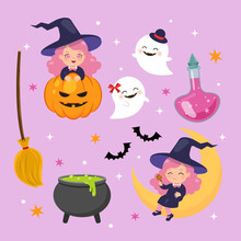 Cute Witch Girl Clip Art Set. Happy Halloween. Flat Vector Cartoon Design