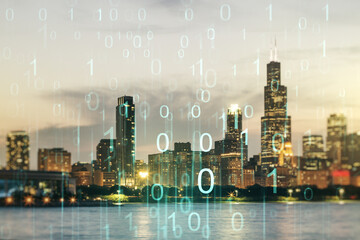 Abstract virtual binary code hologram on Chicago cityscape background, AI and machine learning concept. Multiexposure
