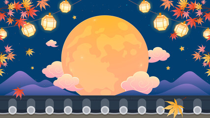 Wall Mural - Happy Chuseok (Korean Harvest Festival) Background vector illustration. Autumn Maple tree branch with Full Moon on night sky
