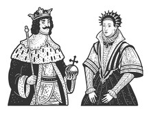 Royal Couple Queen And King Line Art Sketch Engraving Vector Illustration. T-shirt Apparel Print Design. Scratch Board Imitation. Black And White Hand Drawn Image.