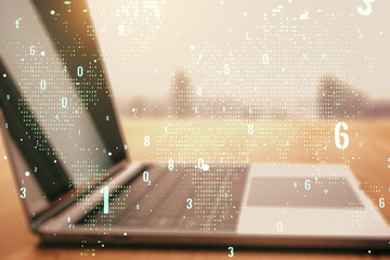 Abstract creative coding illustration with world map on modern computer background, international software development concept. Multiexposure