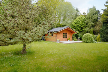  flowers in front of a wooden hut. Garden joy in summer. Relax in the garden and enjoy the beautiful weather. Lavender and hydrangea in pot next to a garden shed 