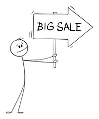 Canvas Print - Person or Businessman Holding Big Sale Arrow Sign and Pointing at Something, Vector Cartoon Stick Figure Illustration