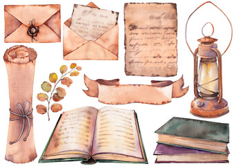 Set of old books, papers, envelopes and lamp. Vintage inspired watercolor illustration on white background.