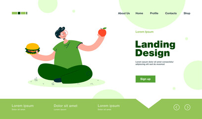Wall Mural - man in glasses choosing between fruit and junk food. cartoon character holding apple and hamburger f