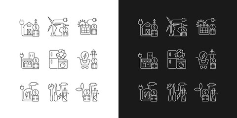 Sticker - Electrical energy cost linear icons set for dark and light mode. Appliance recycling program. Utility service. Customizable thin line symbols. Isolated vector outline illustrations. Editable stroke