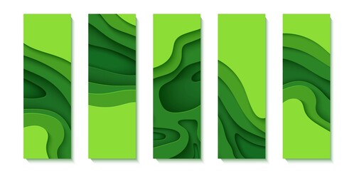Wall Mural - set of green flyers in paper cut style. collection of vertical banners 3d abstract background. vecto