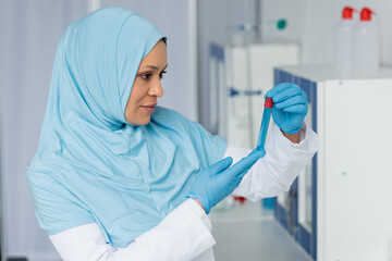 Wall Mural - Muslim scientist in hijab and latex gloves looking at sample in test tube