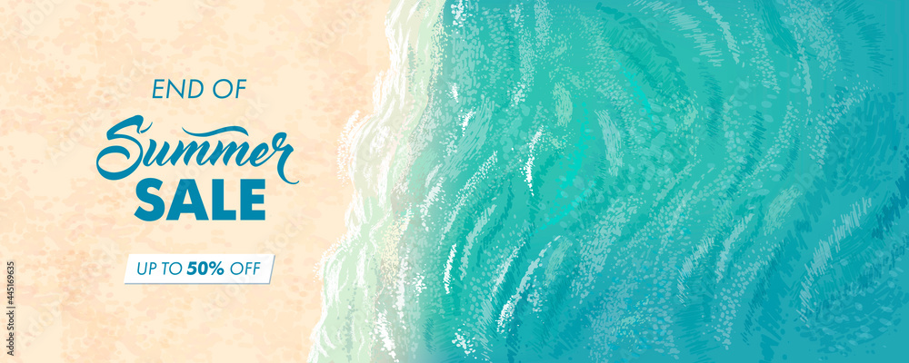 Summer sale horizontal banner. Vector beautiful realistic top view illustration of sandy summer beach - obrazy, fototapety, plakaty 