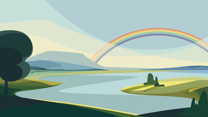 Wall Mural - Landscape with river and rainbow. Beautiful natural scenery.